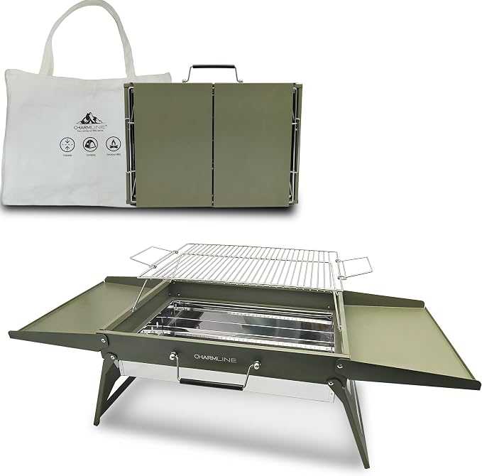 Charmline 18 x 13 inches Large Foldable Portable Charcoal BBQ Grill, Camping BBQ Grill for 3–5 People, Ideal for Camping, Garden, Beach, Picnic & Tabletop Use, Green