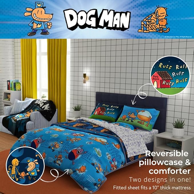 Franco Dog Man Supa Book Kids Bedding Super Soft & Cozy Reversible Microfiber Comforter and Sheet Set with Sham, 7 Piece Full Size, (Officially Licensed Product)