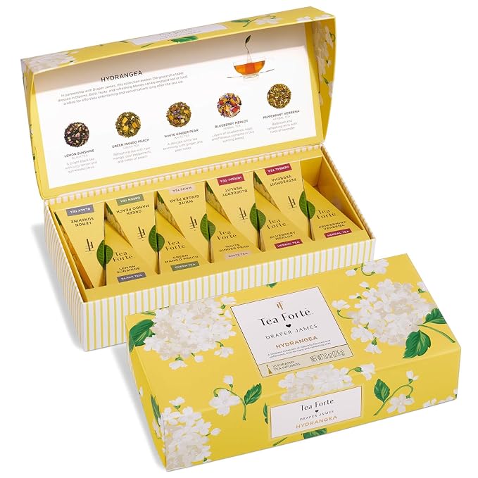 Tea Forte Premium Petite Presentation Box Gift Set Sampler, 10 Count, 2 of Each Blend Individually Wrapped Handcrafted Pyramid Infuser Bags, Hydrangea