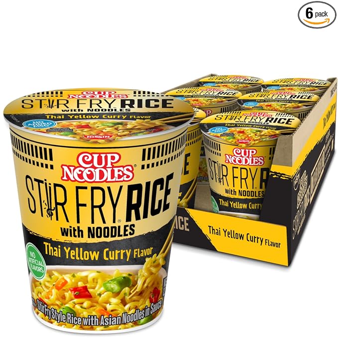 Nissin Cup Noodles Stir Fry Rice with Noodles, Thai Yellow Curry, 2.61 Ounce (Pack of 6)