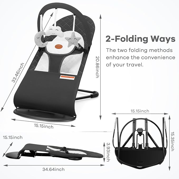 HKAI Baby Bouncer, Portable Baby Bouncer Seat for Babies 0-18 Months, 100% Cotton Fabrics, 3 Modes of use with Rocker and Stationary Options, Infant Rocker Chair with Hanging Toys-Dark Grey