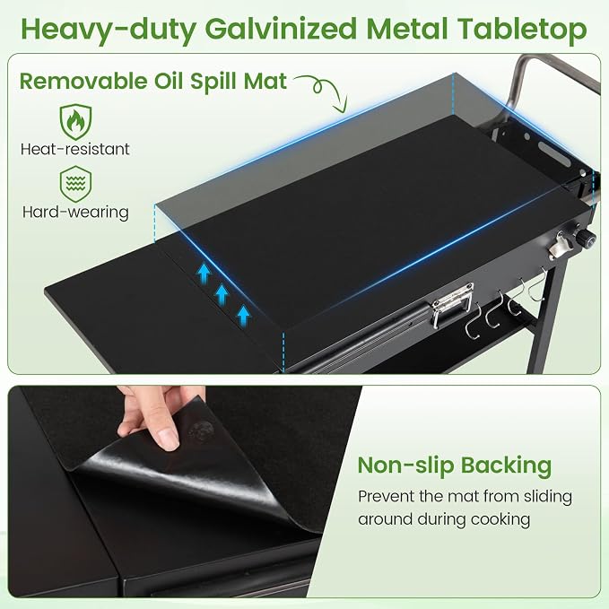 Happygrill Outdoor Grill Cart w/31” x 17” Tabletop for Blackstone Griddle | Foldable Grill Table w/Side Tray, Magnetic Tool Rack, Bottle Opener, Oil Mat, Hooks, BBQ Pizza Oven Table for Camping