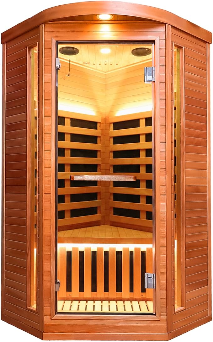 Corner Sauna Far Infrared Sauna 1 Person Home Saunas Indoor Wood Spa Room 1300W 120V with Red Light Bluetooth Speakers 37.4" x 37.4" x 70.9"