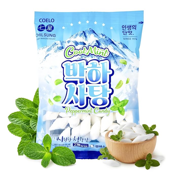 COELO Cool Mint Peppermint Candy 11.28oz (320g) | Korean-Style Herbal Mint Flavor Hard Candy | After Meal Office Pantry Travel Camping Party | Sharable Family Size On-The-Go K-Food 박하사탕