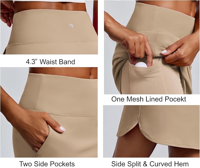 PINSPARK 18" Skorts for Woman Above Knee Length Golf Skirts 3 Pockets | High Waist, Built in Shorts, UV Protection, 4-Way Stretch, Soft, Dolphin Hem, Athletic, Tennis, Pickleabll, Casual