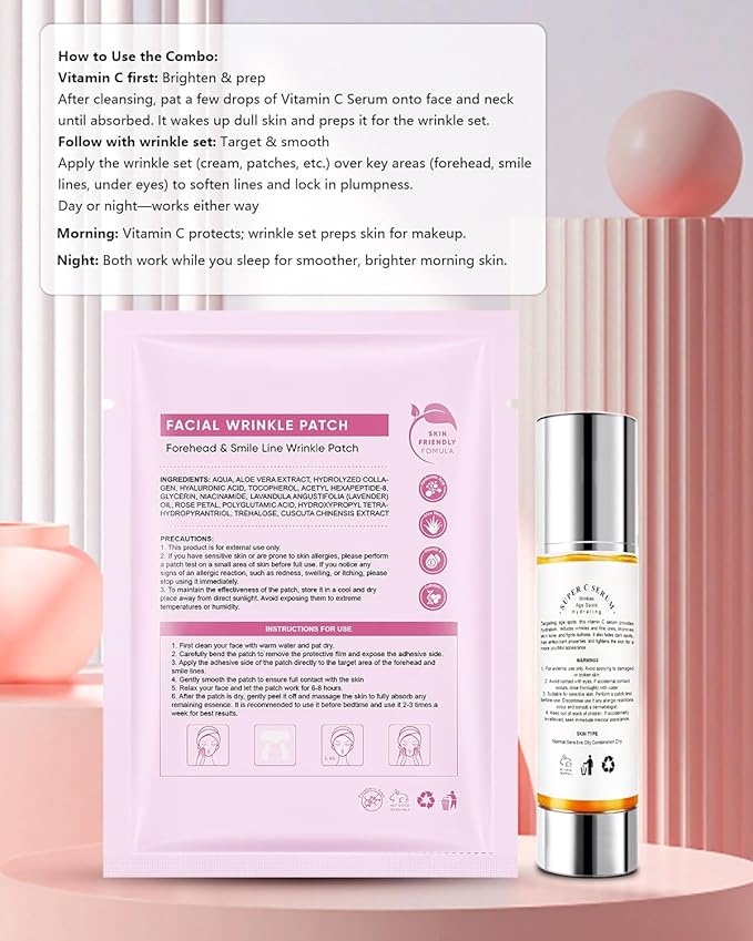 UKVOA Forehead Wrinkle Patches & Smile Line Patches, Overnight Facial Wrinkle Treatment with Hyaluronic Acid, Aloe, Collagen & Vitamin E to Lift Smile Lines for Women 36pcs with Vitamin C Serum