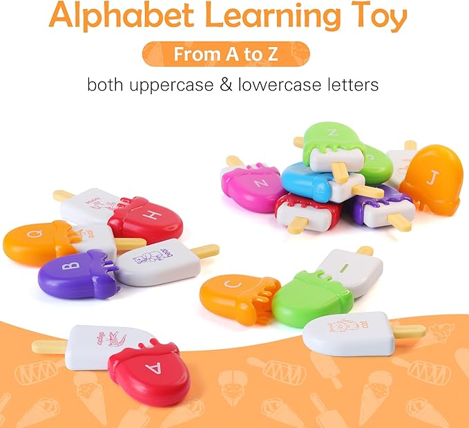 USATDD ABC Alphabet Learning Toys Alphabet Popsicles Animal Matching Toy Uppercase Lowercase Preschool Learning Activities Montessori Toys Back to School Gifts for Kids Ages 3+, 52 Pcs