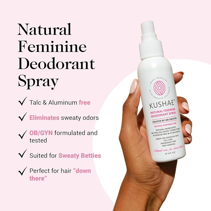 Kushae Natural Feminine Deodorant Spray for Women, All Natural, Unscented and Fragrance Free, Refreshing Control for Odor and Dryness, 4 oz