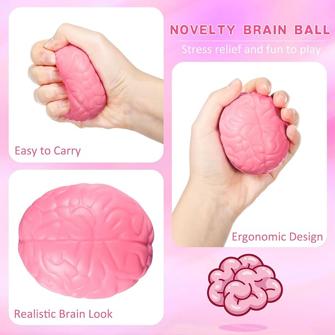 Jenaai Brain Stress Ball Halloween Squeeze Toy 2.76 Inch PU Hand Muscle Exercise Pressure Ball Funny Stress Relief Toy for Adults Improving Grip Strength Release Pressure(Pink)