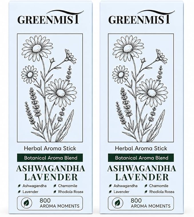 GreenMist Ashwagandha Lavender Herbal Aroma Stick 2 Pack, Plant-Based Botanical Scent Accessory, Portable Silicone Stick, Lavender Chamomile Rhodiola Notes, Blue, 800 Aroma Moments Each