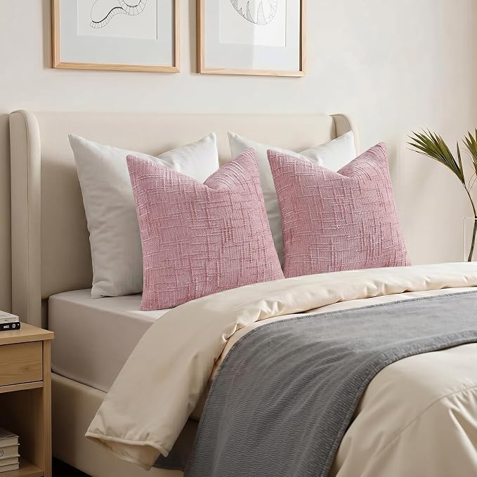 decorUhome Textured Chenille Throw Pillow Covers 16x16 Set of 2 Blush Pink | Fall Modern Farmhouse Soft Cozy Slubby Couch Pillow Cases Boho Decorative Pillow Cases for Bed Sofa Living Room Home Decor
