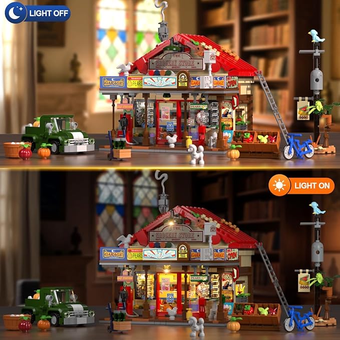 Country General Store Building Set for Adults with Lights, 1709 PCS Vintage Shop House Construction Building Block Kit, Home Decor Cabin Architecture Model for Women Men Teens Boys Girls 12+