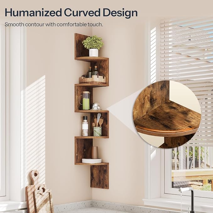 HOOBRO Corner Shelf Wall-Mounted, Set of 2 Floating Corner Shelves for Wall, 5-Tier Corner Bookshelves for Living Room, Bedroom, Bathroom, Home Office, Rustic Brown BF26BJP201