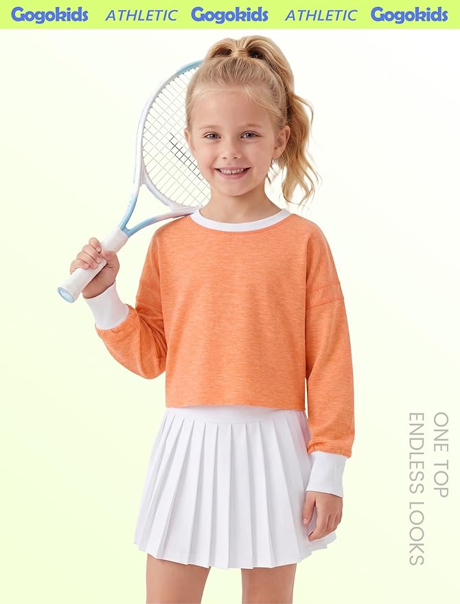 Gogokids Girls Shirts Long Sleeve Athletic Shirts Open Back Tops Active Sports Tshirts Yoga Workout Crop Tees 5-14 Years