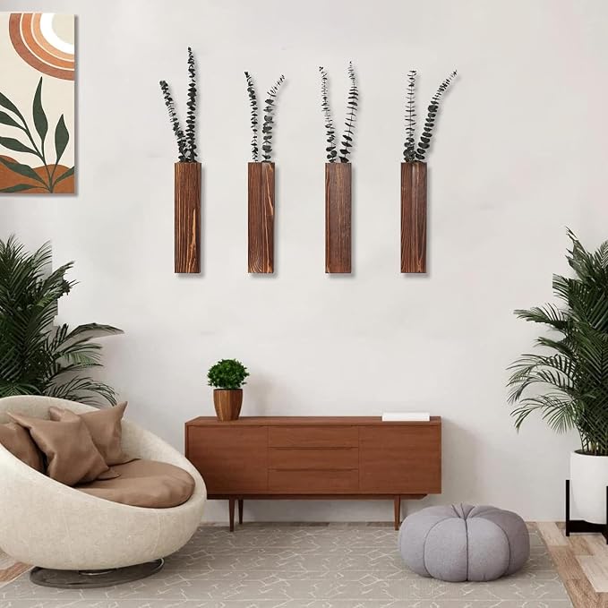 Wooden Wall Planter Set of 4 - Modern Home Decor for Living Room, Bedroom, Bathroom - Walnut Finish Planter for Dried Flowers, Faux Greenery, Indoor Plants