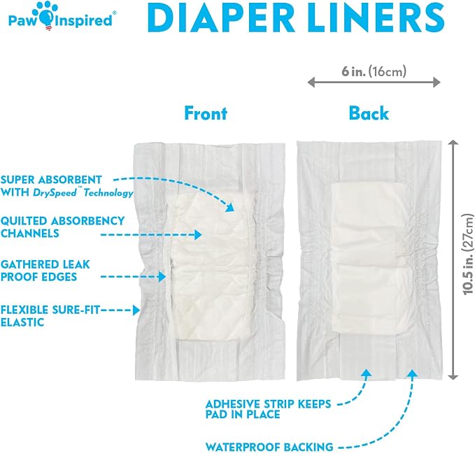 Paw Inspired Disposable Leakproof Dog Diaper Liners, 30 Pack | Super Absorbent Inserts for Reusable Washable Male & Female Dog Diapers & Belly Bands, Waterproof Backing