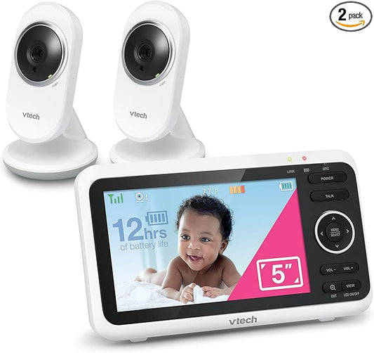 VTech [Upgraded] VM350-2 Baby Monitor, 5" Screen,2 Cameras,1000ft Range, Night Vision, 2-Way Audio, Lullabies, Secure Transmission No WiFi