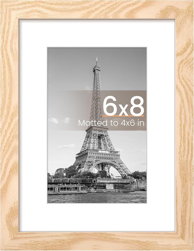 upsimples 6x8 Picture Frame, Display Pictures 3.5x5.5 with Mat or 6x8 Without Mat, Wall Hanging Photo Frame, Natural, 1 Pack