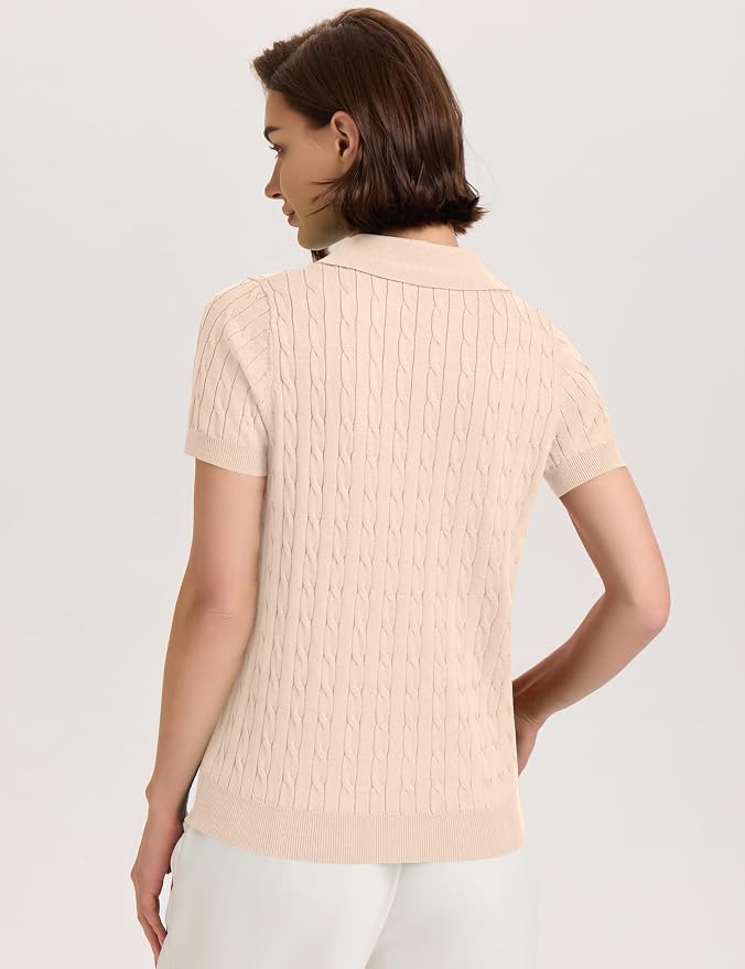 Micoson Womens Short Sleeve Sweater Tops Lapel V Neck Polo Shirts 2026 | Summer Cable Knit Loose Blouses, Business Casual Outfits