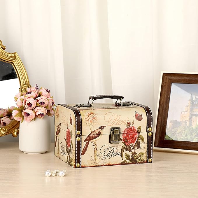 ELLDOO Decorative Treasure Chest Box, Wooden + PU Leather Storage Box for Jewelry Trinkets, Keepsakes box for Girls Women Gifts (Bird + Flower Pattern)