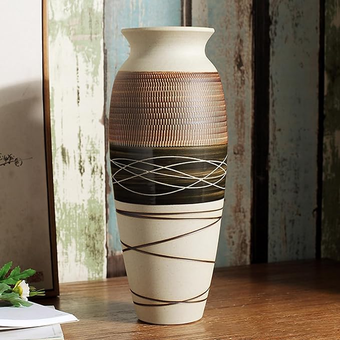 12.6" Tall Vintage Ceramic Rustic Farmhouse Vase (Half Skipcut Brown) | Large Boho Textured Flower Vases for Home Decor, Living Room, Table, Mantel, Shelf