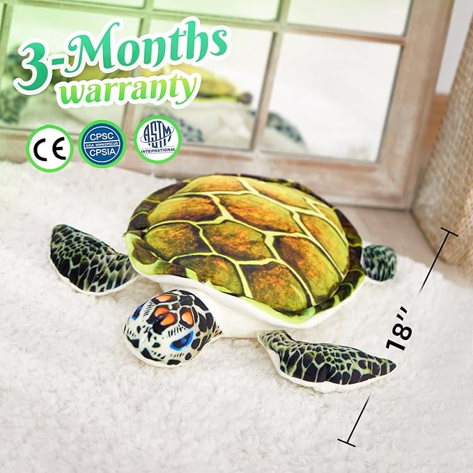 Athoinsu Realistic Stuffed Animal Sea Turtle Soft Plush Toy Ocean Life Tortoise Throw Pillow Birthday Plushie Gifts for Toddler Kids Boys and Girls, 18'' (Green)