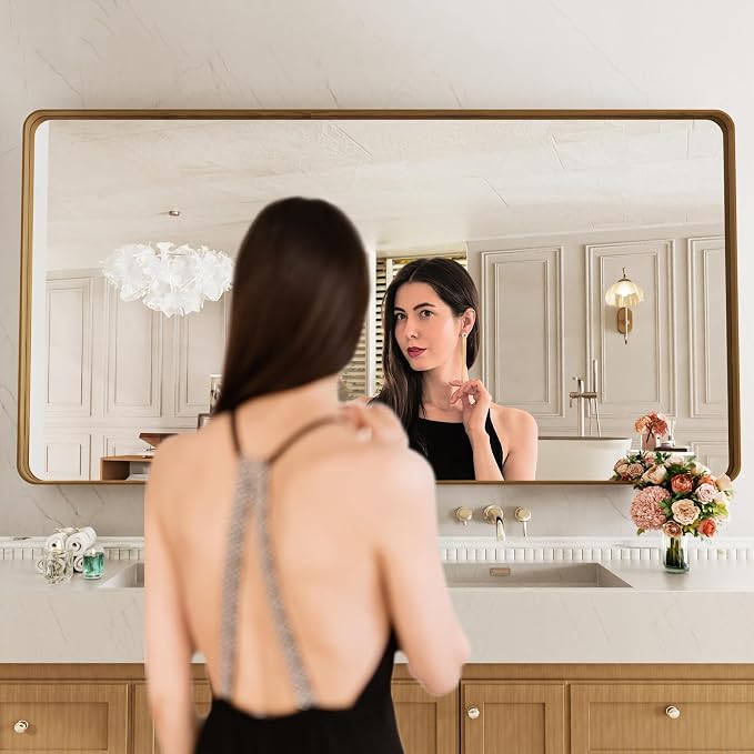 LOAAO 72X40 Inch Bathroom Mirror with Wood Grain Colored Metal Frame | Rounded Rectangle Metal Framed, Anti-Rust, Hangs Horizontally or Vertically, Tempered Glass