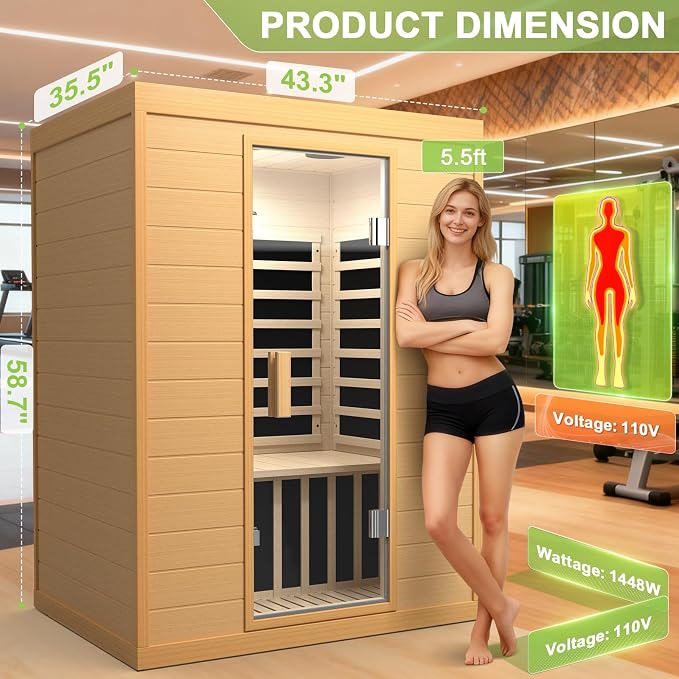 Far Infrared Sauna, Canadian Hemlock Wood Sauna Spa Room for Indoor,1062W 110V Low EMF Saunas with Control Panel and Integrated Speakers, Mini Home Sauna Room for One Person (Brown-2Person)