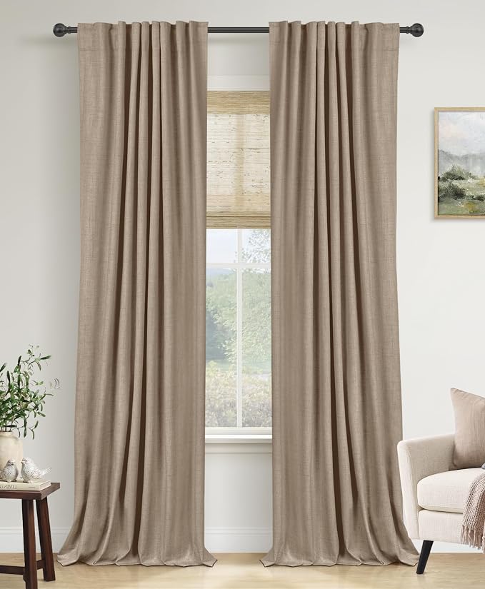 100% Blackout Shield Brown Linen Blackout Curtains for Bedroom 90 Inches Long, Back Tab/Rod Pocket Living Room Drapes, Thermal Insulated Blackout Curtains 2 Panels Set, 50" W x 90" L,Copper Brown