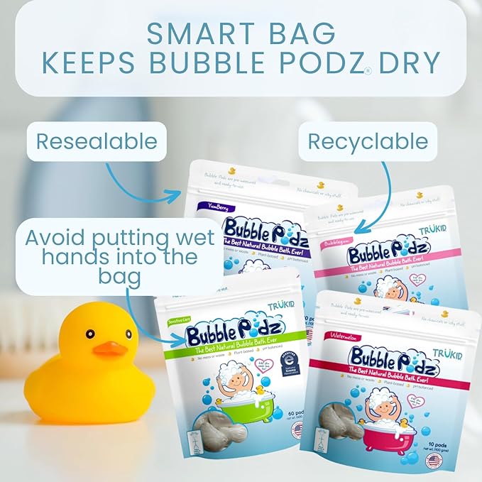 TruKid Bubble Podz Bubble Bath for Kids, Toddlers, & Babies, Tear Free Gentle & Refreshing Bath Bomb for Sensitive Skin with Natural Moisturizers, Non-Toxic, pH Balanced, Vanilla Scent (60 Podz)