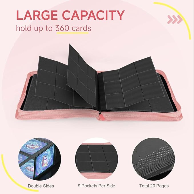 9 Pocket Card Binder,360 Pockets Trading Card Binder,Double Sided Pocket Collection Binder,Card Folder for MTG,TCG,Game Cards,Sport Cards,Pink