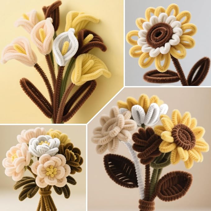 ASTARON 521 Pcs Pipe Cleaners Craft Set, 5 Colors Pipe Cleaners Bulk Pastel Chenille Stems for Craft Pipe Cleaner Flowers Making Kit with Floral Wires, Gardening Tape (Yellow Brown Series)