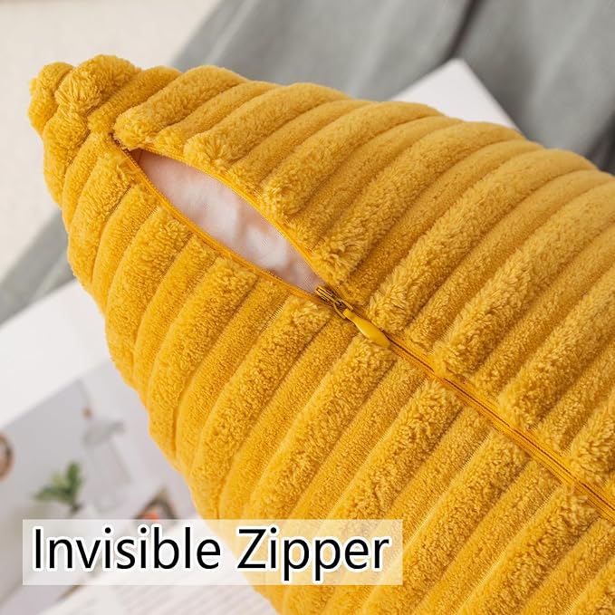 UGASA Pack of 2, Velvet Pillow Covers Striped, Soft Textured Throw Cushion Case Set, Accent Corduroy Lumbar Pillowcases with Hidden Zipper for Home Decor Indoor Outdoor (12"x20", Primrose Yellow)