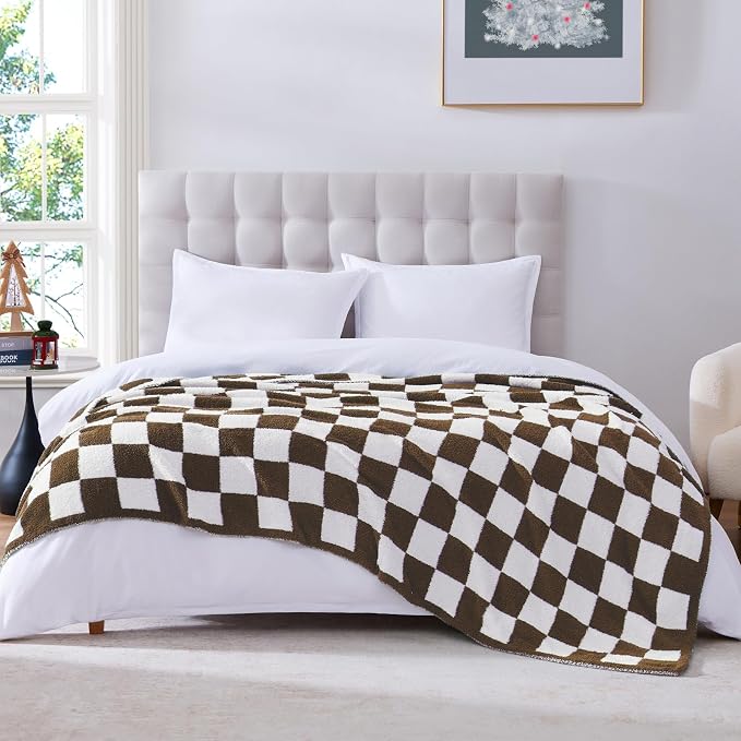 Soft Checkered Throw Blanket for Couch-Cozy Warm Knitted Blankets | Lightweight Warm Fluffy Decor for Women, Mom, Her & Girls, Sofa, Chair, Bed, 50x70in, Coffee