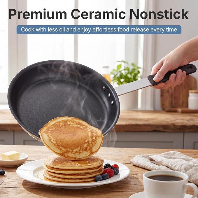 DUMOS 14 Inch Nonstick Frying Pan, Heavy-Gauge Aluminum Skillet with Ceramic Nonstick Coating & Stainless Steel Base, Omelet Pan for Induction, Electric, Gas, PFAS Free, Oven Safe, Black Handle