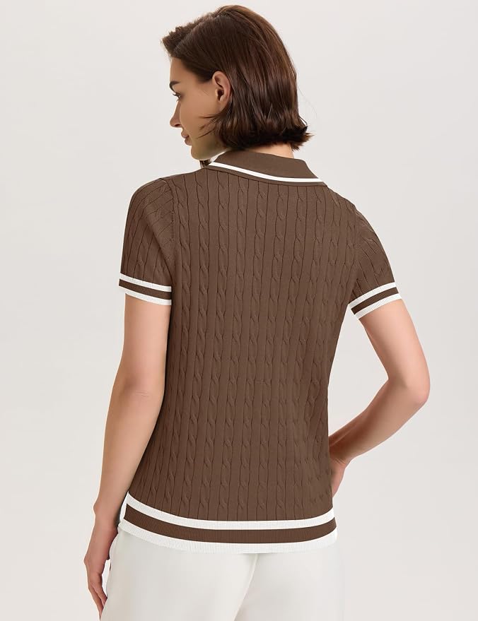 Micoson Womens Short Sleeve Sweater Tops Lapel V Neck Polo Shirts 2026 | Summer Cable Knit Loose Blouses, Business Casual Outfits