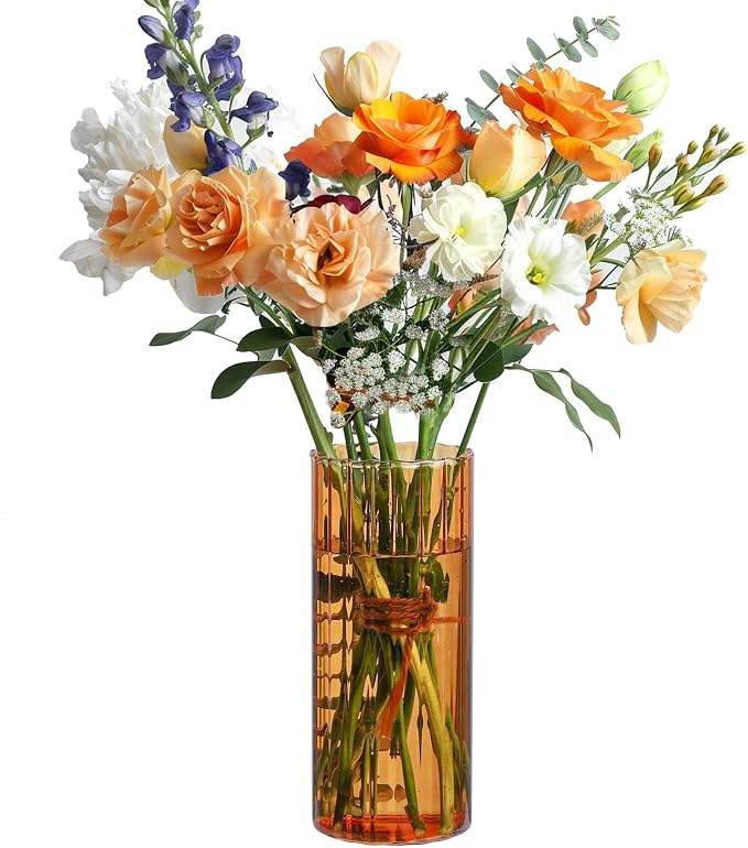 ComSaf Glass Cylinder Vase 8 Inch Tall, Amber Ribbed Decor for Centerpieces | Decorative Flower Vase, Hurricane Floating Candle Holder, Wedding Decor, Reception Table, Home Accent, Housewarming Gift