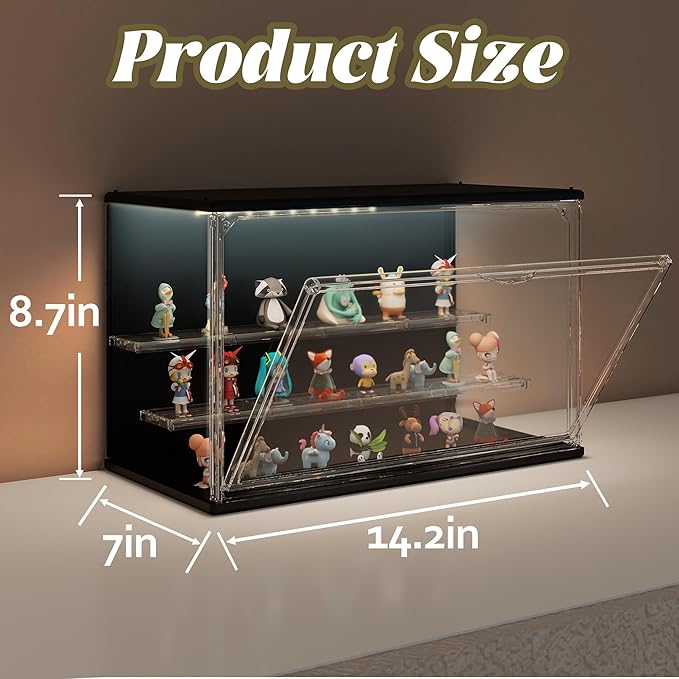 Clear Display Case for Collectibles, 3-Tier Adjustable Figure Display Case with LED Light, Stackable Acrylic Showcase with Magnetic Door for Jewelry,Collectibles (Black, 1 Pack-8.7" H)