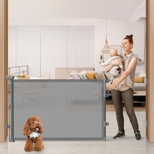 76" Retractable Baby Gates Extra Wide, Mesh Long Dog Gate for Wide Openings, Indoor Outdoor Stair Gate for Doorways Hallways Deck Porch, Child Pet Safety Essentials for Home, Grey