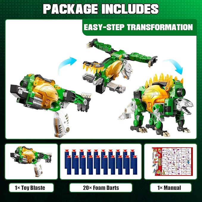 Blaster Toy Gun Transforming Alloy Dinosaur - 2 in 1 Morphing Toy (Gun to Dino), Soft Bullet Toy Blaster Gun with 20 Foam for Indoor Outdoor Shooting Game, Toy Blaster for Kids Boys Girls (S-Dino)