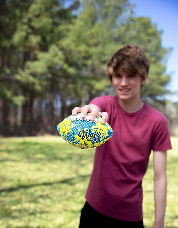 Wahu 100% Waterproof Mini Beach Football with Real Laces for in and Out of Water Play, 6.5" Outdoor Mini Football for Pool and Beach Games, Teal/Yellow