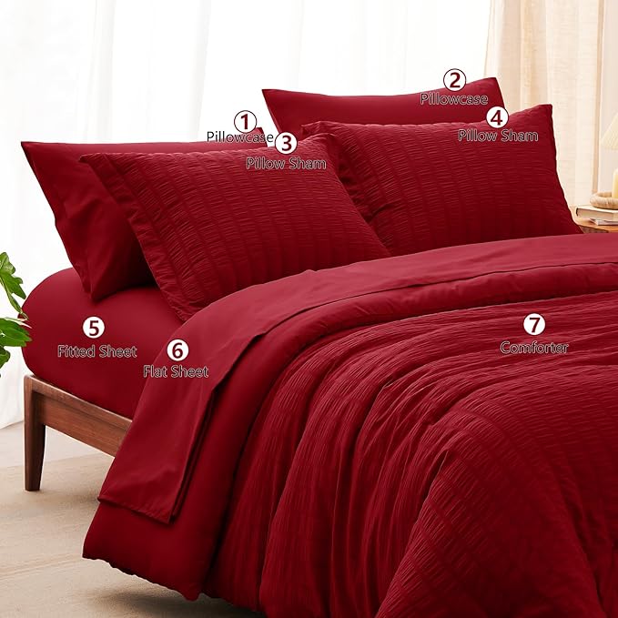 CozyLux King Size Comforter Set Dark Red Seersucker 7 Pieces Bed in a Bag King Comforter Set with Sheets, Luxury Soft Bedding Sets with Down Alternative Comforter, Sheets, Pillowcases & Shams