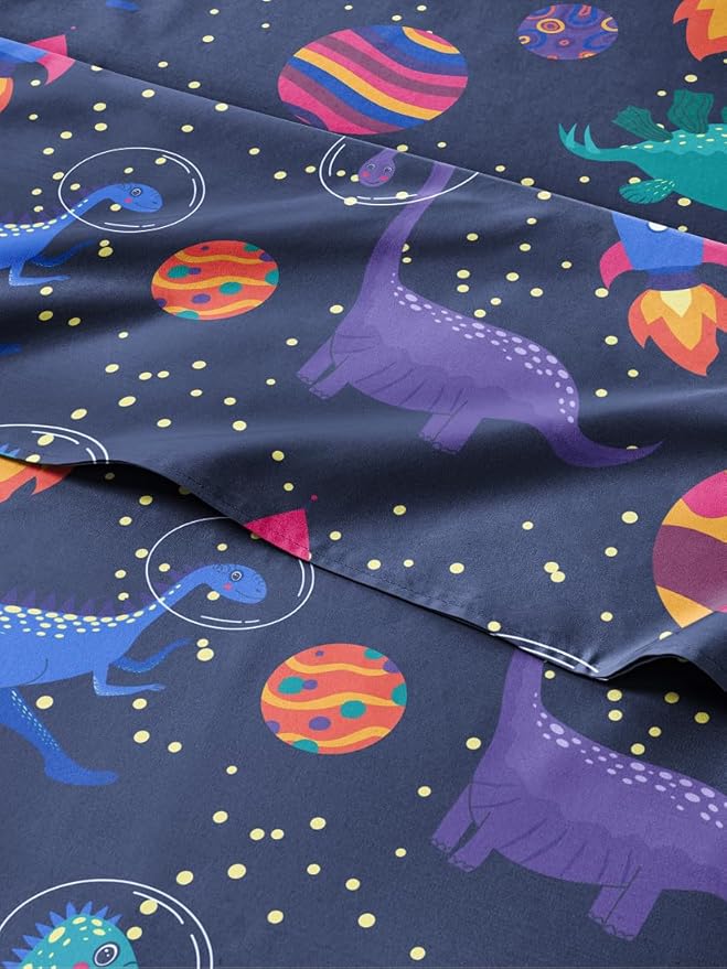 Kids Queen Size Bed Sheet Set - 4 Piece Kids Loft Bed Sheets - Space Dinosaur Themed Bedding - Soft, Cute - Breathable and Machine Washable - Colorful Dino Bed Set for Boys, Girls, Teens and Toddlers