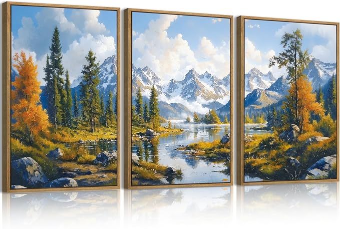 BINCUE Framed Mountain Landscape Wall Art Nature Forest Wall Decor Tree and River Art Print for Living Room Bedroom Office 16x24 Inches Set of 3