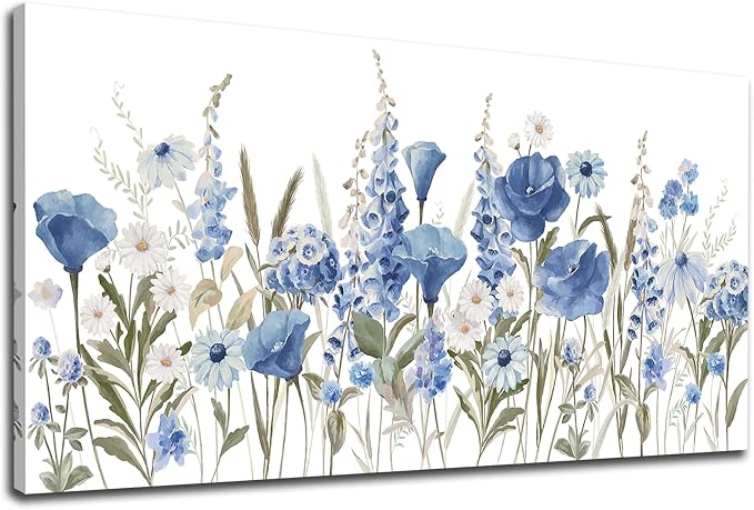 arteWOODS Elegant Flowers Wall Art - Blue White Botanical Pictures for Wall Decor Floral Blossom Canvas Painting Print Artwork for Living Room Bedroom Home Office Wall Decoration 24" x 48"