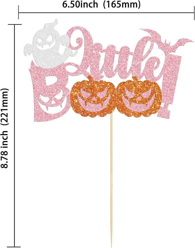 Gyufise 1Pc Little Boo Halloween Cake Topper Pink Glitter Pumpkin Ghost Halloween Baby Shower Cake Decorations for Halloween Theme Baby Shower Kids Birthday Party Supplies