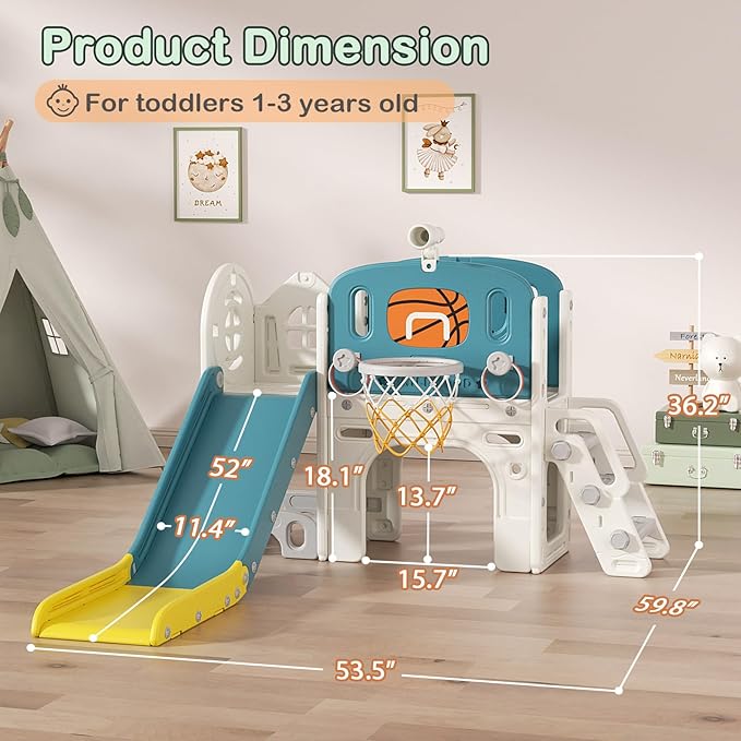 BIERUM 9 in 1 Toddler Slide Set - Baby Slide for Toddlers 1-3 with Ring Toss and Basketball Hoop, Indoor Outdoor Toddler Playset Playground Blue Yellow