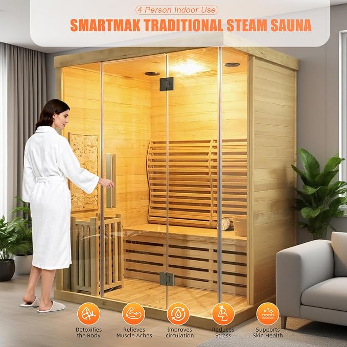 Smartmak Wood Home Traditional Steam Sauna, WiFi Control 4 Person Luxurious Indoor Canadian Hemlock Wooden Spa Room, with 6 kw Heater, Backrest, Bluetooth Speaker, Rocks, Water Bucket, Spoon, Lights