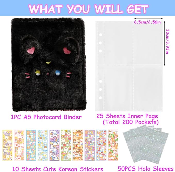 Kpop Photocard Binder with 6 Stickers Sheet & 50 Shinning Protective Sleeves Kpop Photocard Holder Book with Kpop Photocard, A5 Binder Photocard Album 30 Inner Pages with 240 Pockets (Blackplush)