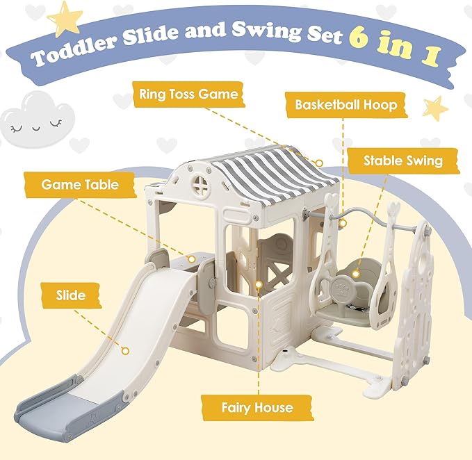Miscoos 6-in-1 Kids Playground with Fairy House - Certified HDPE Toddler Slide and Swing Set, Adjustable, Safe Swing, Basketball Hoop, Game Table - Indoor/Outdoor Playset for Babies